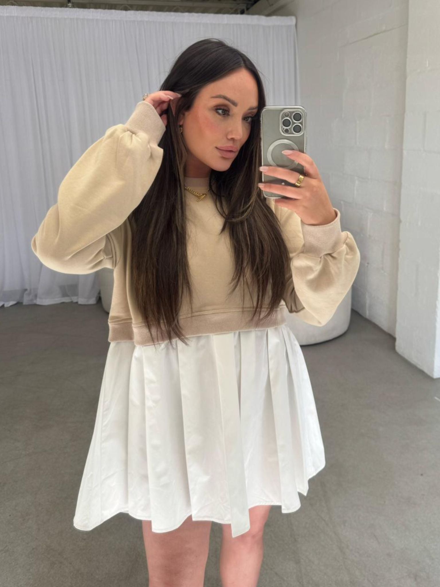 Pepper Girls Club Pleated Jumper Dress - Mocha/White