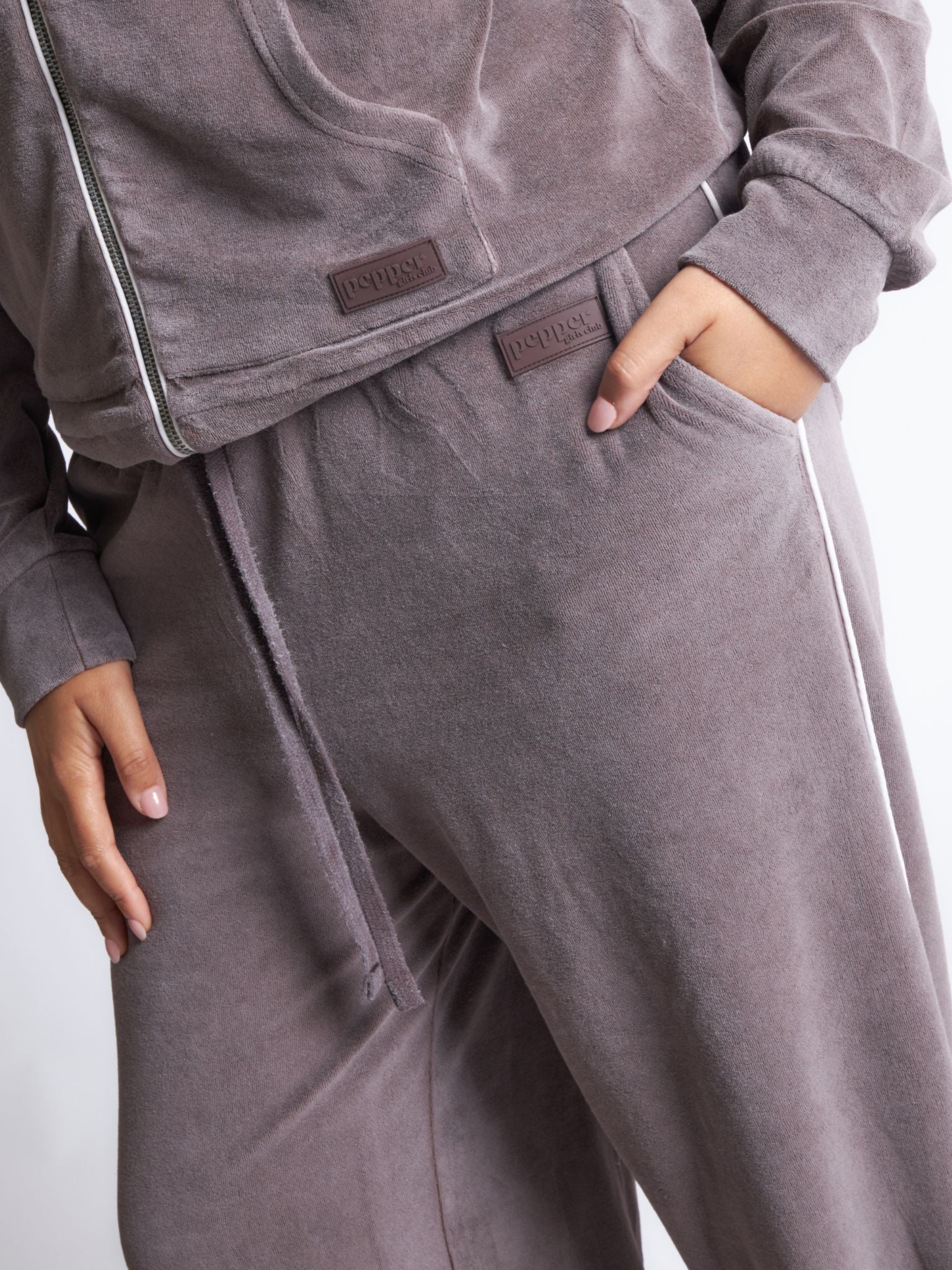 Pepper Girls Club Velour Acid Wash Zip Up Track Jacket - Espresso