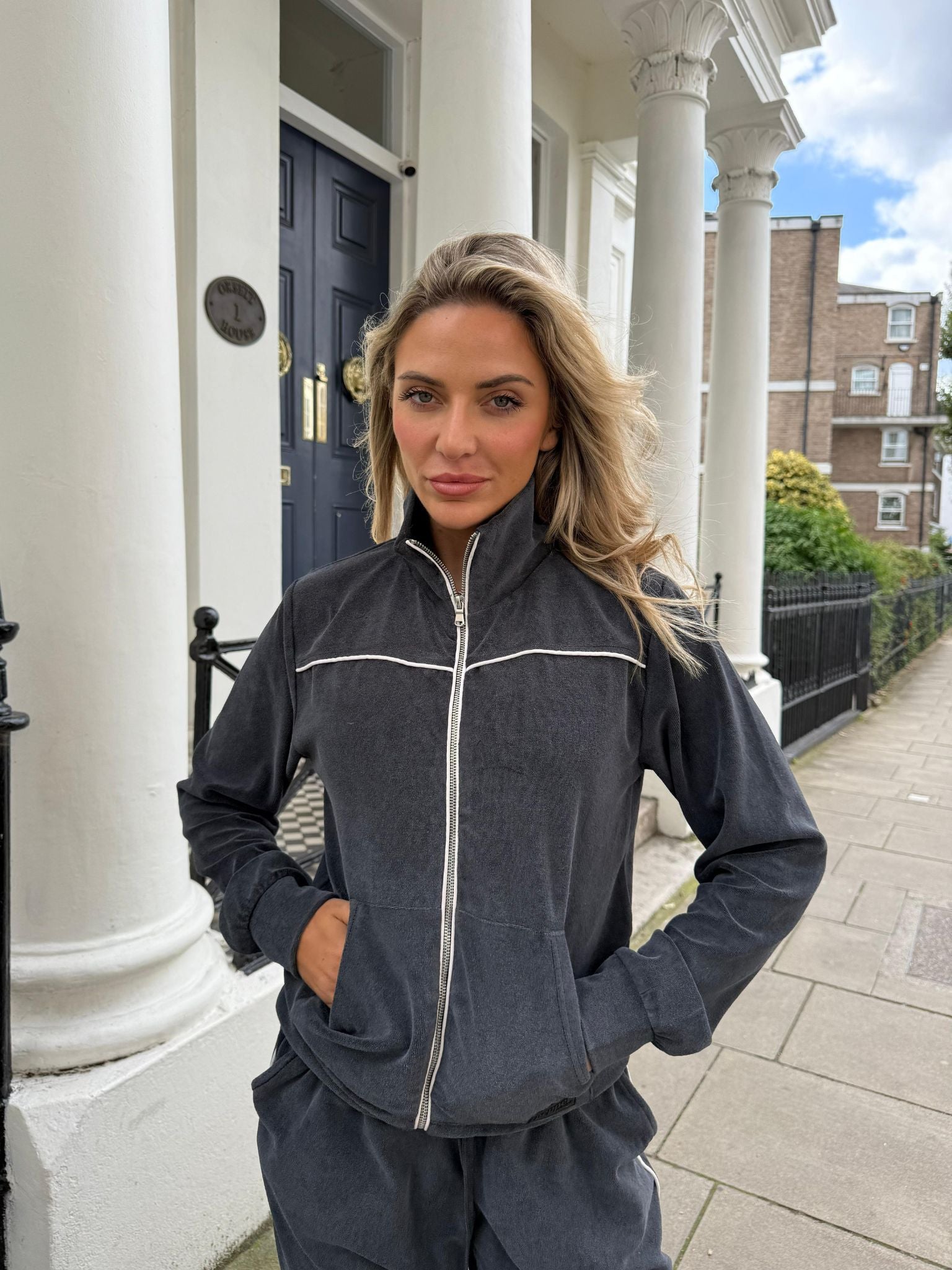 Velour Acid Wash Zip Up Track Jacket - Black