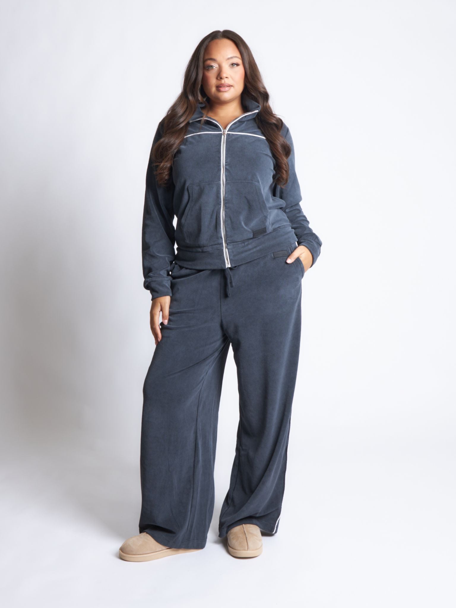 Pepper Girls Club Velour Acid Wash Zip Up Track Jacket - Black