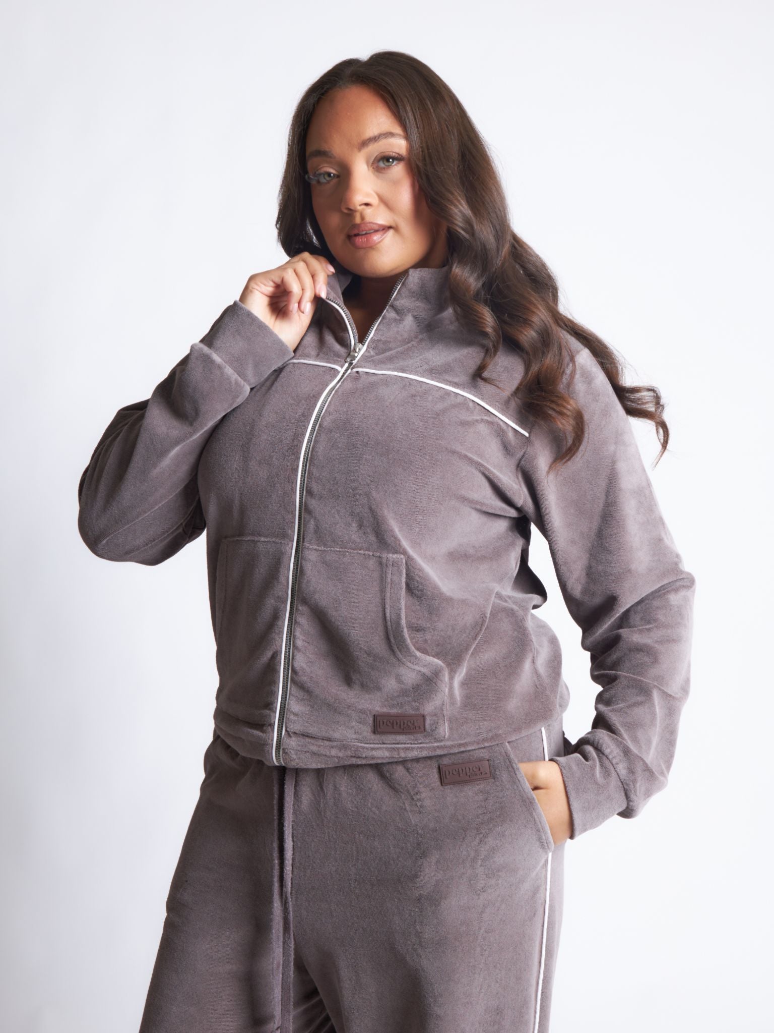 Pepper Girls Club Velour Acid Wash Zip Up Track Jacket - Espresso