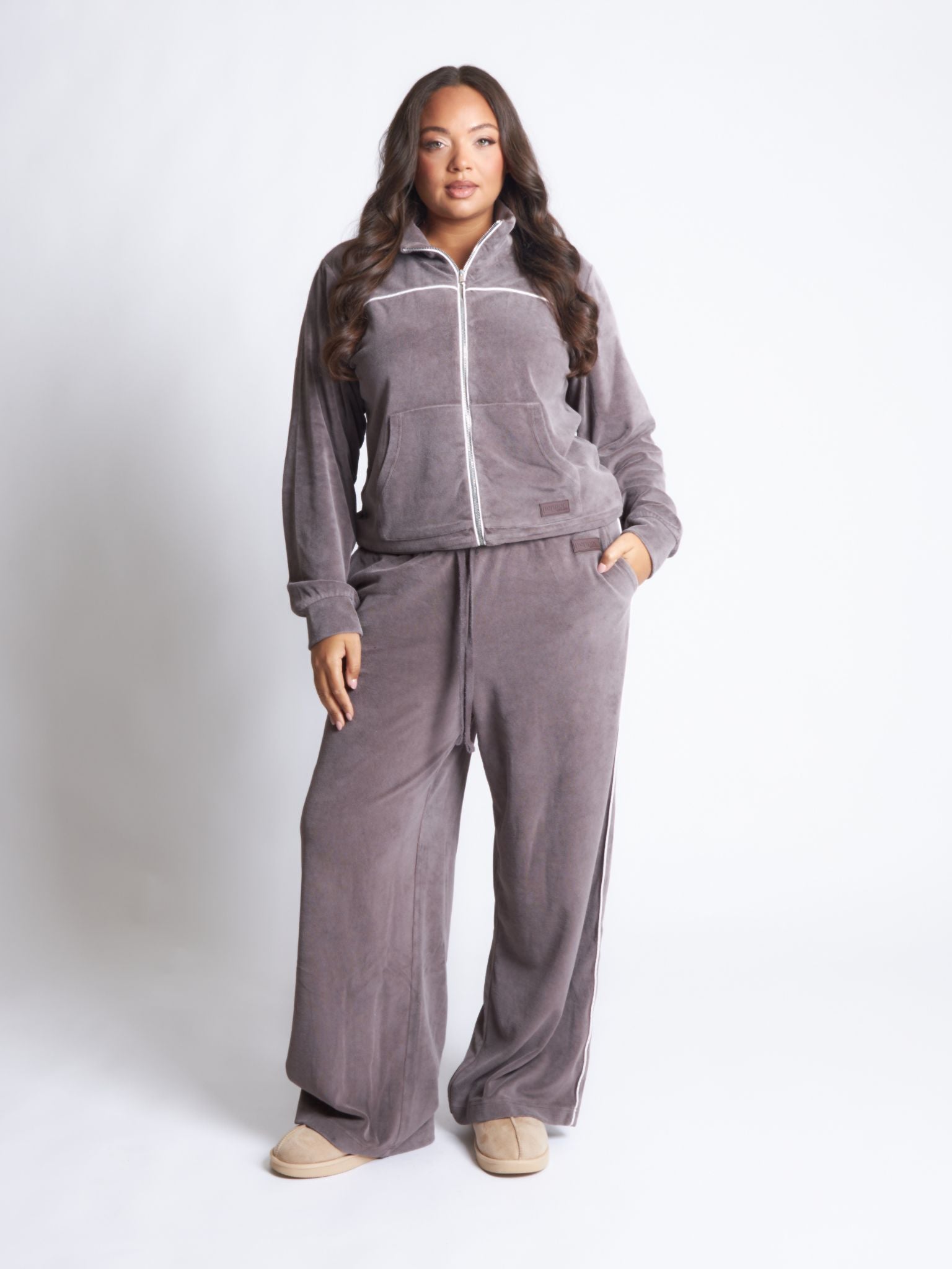 Pepper Girls Club Velour Acid Wash Zip Up Track Jacket - Espresso