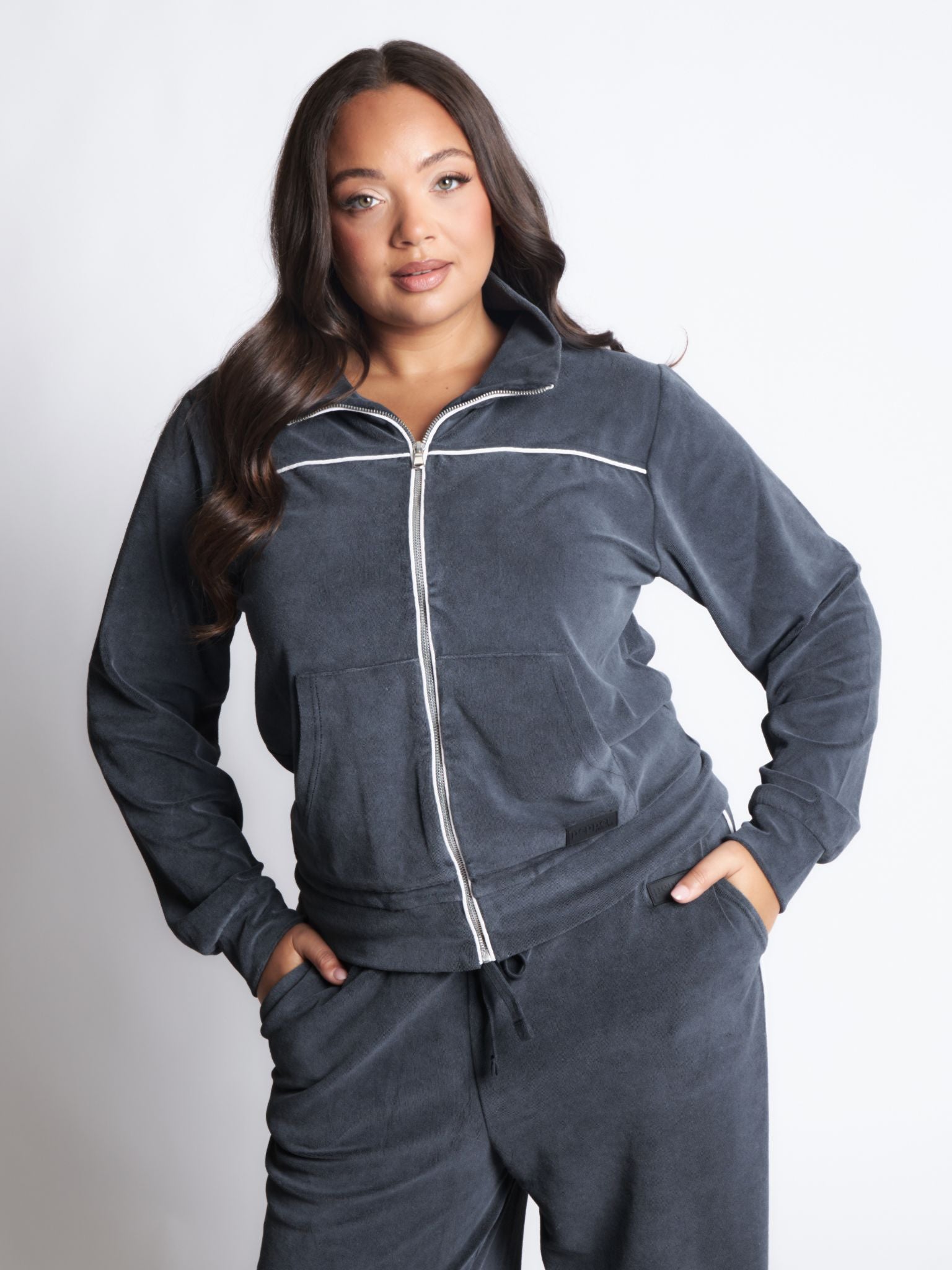 Pepper Girls Club Velour Acid Wash Zip Up Track Jacket - Black