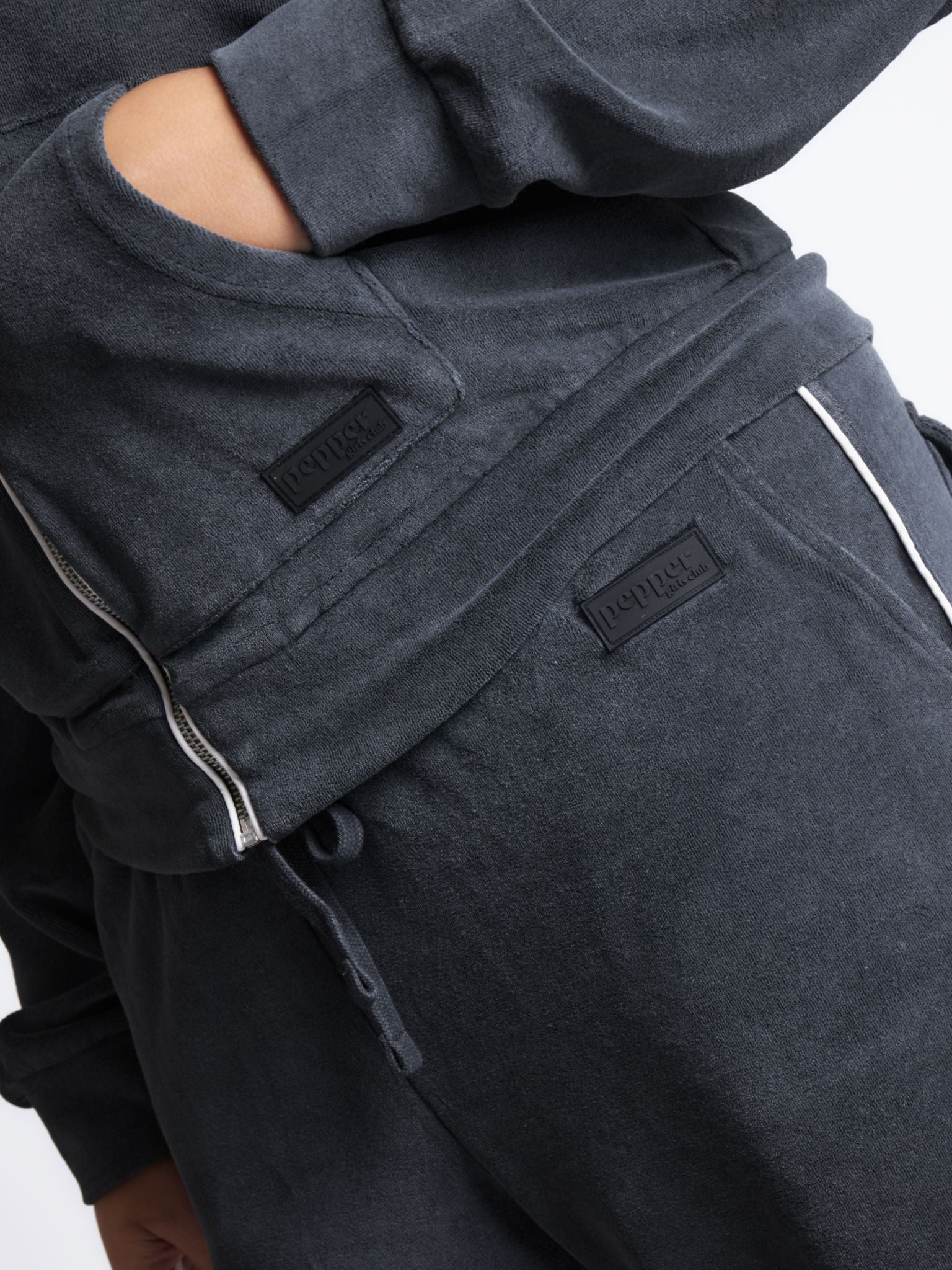 Pepper Girls Club Velour Acid Wash Zip Up Track Jacket - Black