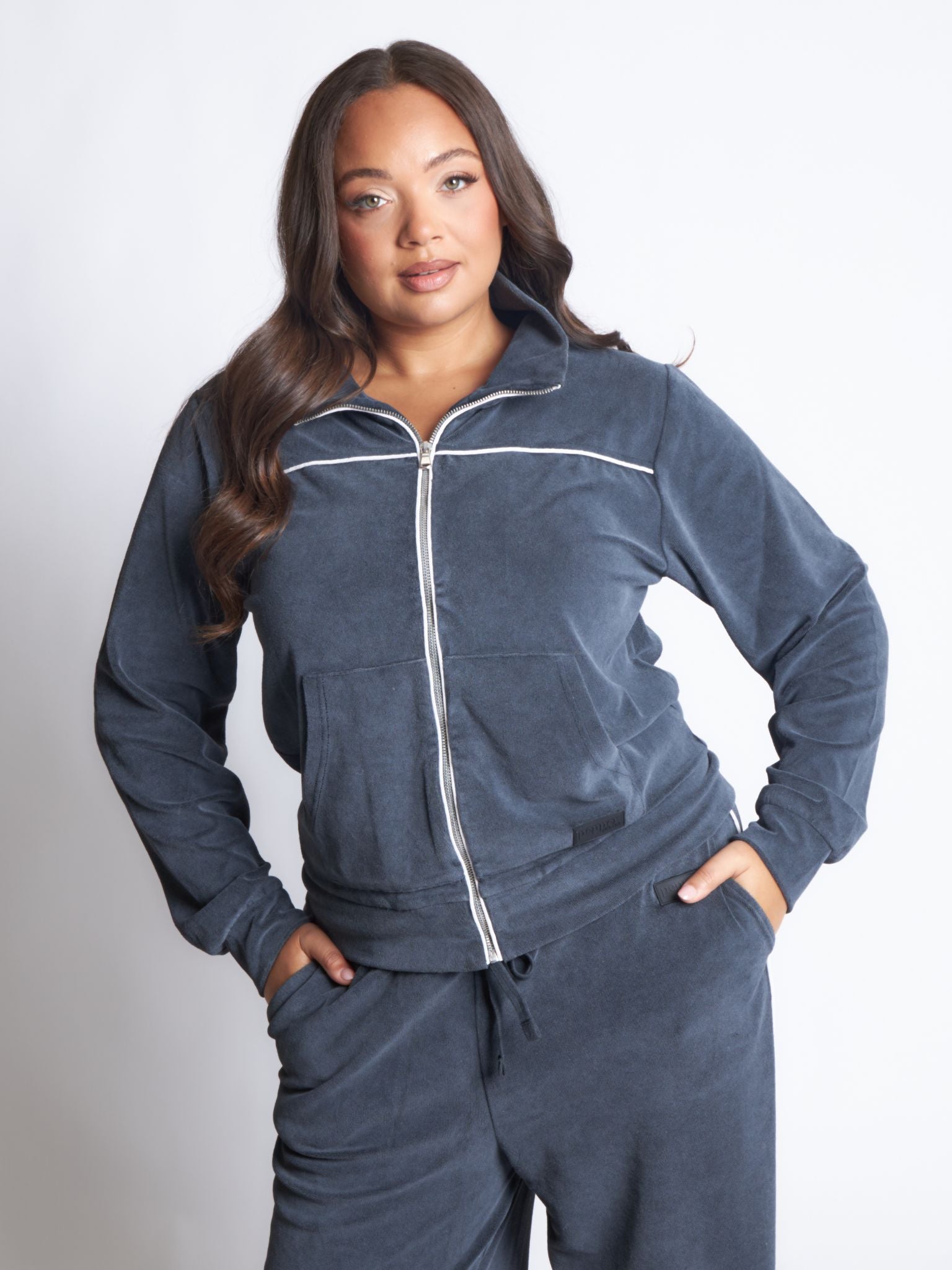 Pepper Girls Club Velour Acid Wash Zip Up Track Jacket - Black