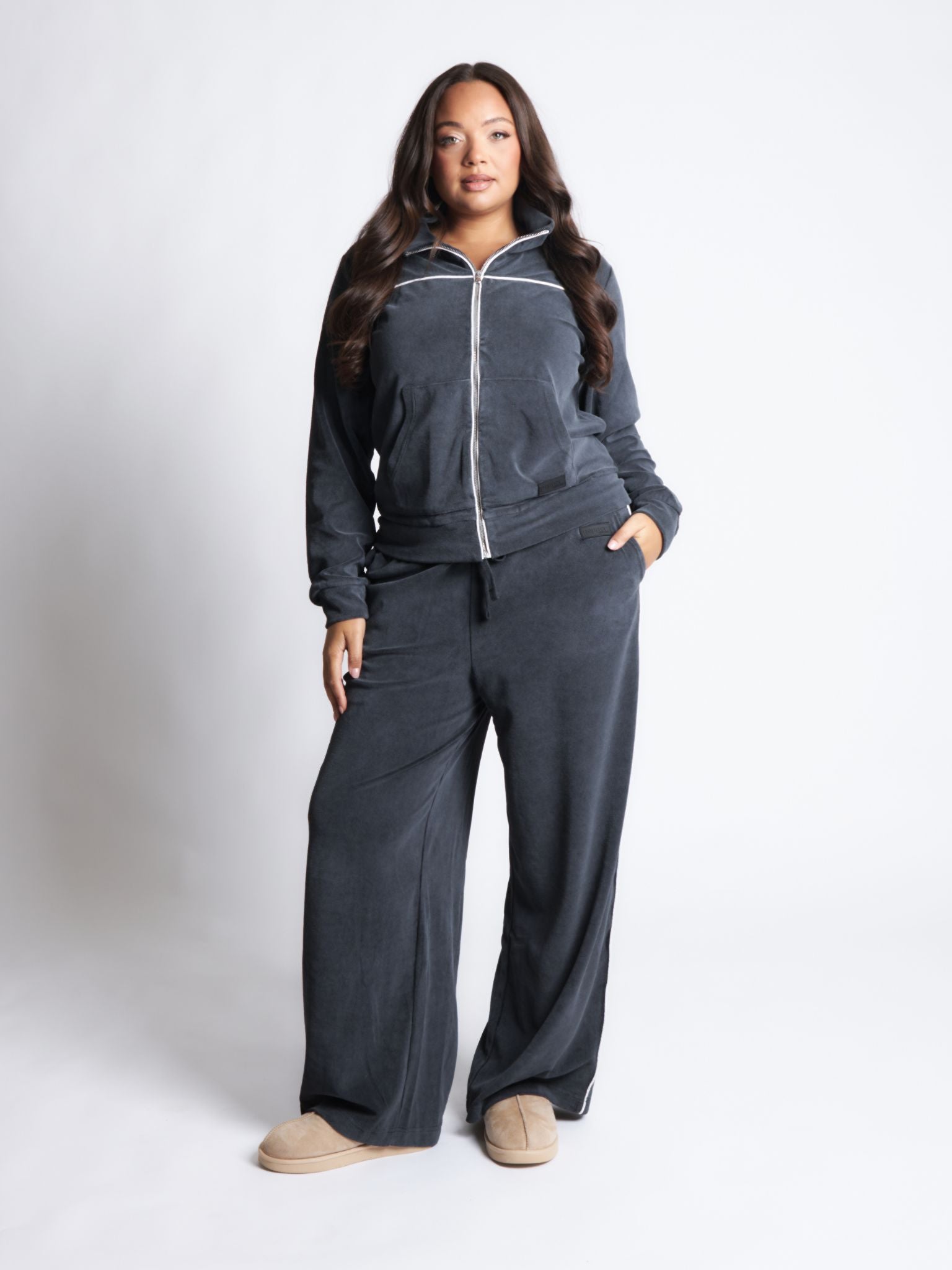 Velour Acid Wash Zip Up Track Jacket - Black