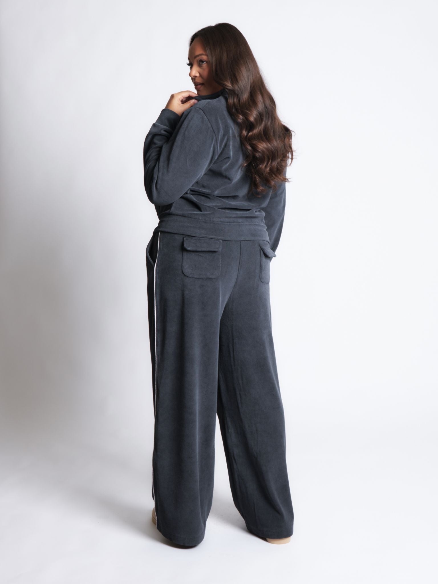 Pepper Girls Club Velour Acid Wash Zip Up Track Jacket - Black