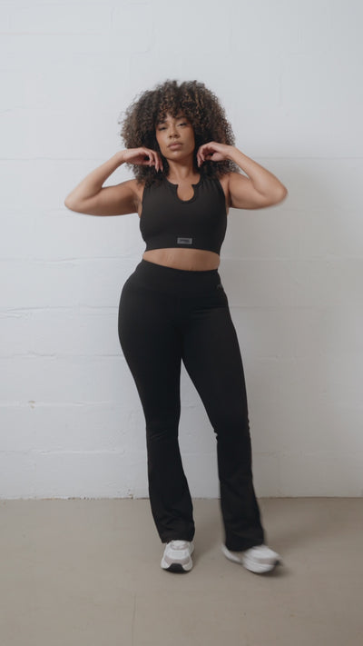 Pepper Girls Club Black Everyday Ribbed Sports Bra & Flared Leggings Set - Video